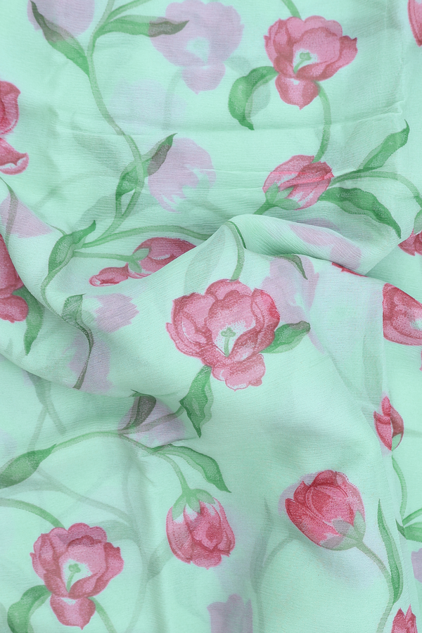 Chiffon Saree In Mint Green With Floral Printed Design