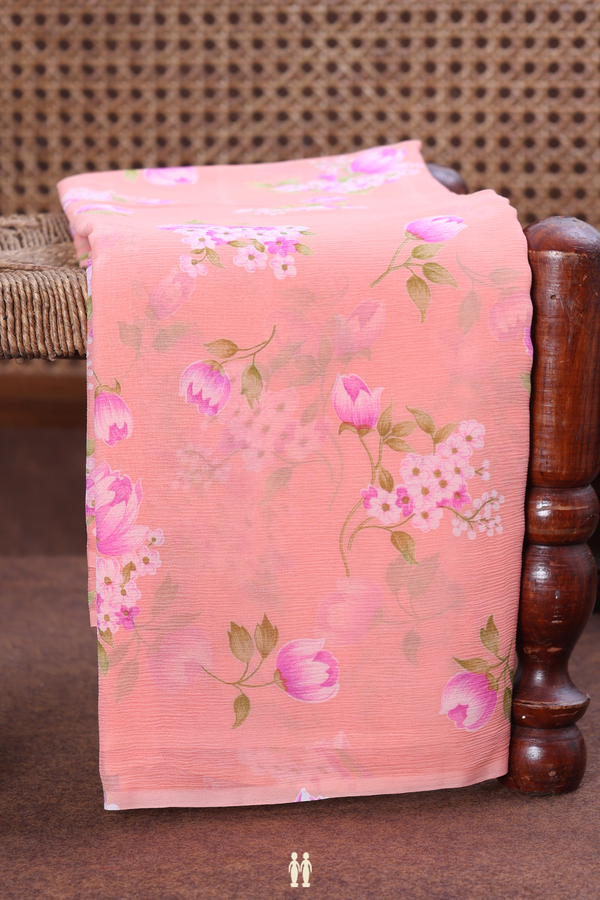 Chiffon Saree In Peach With Floral Printed Design
