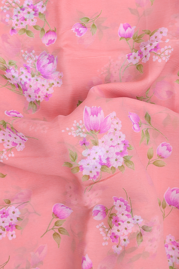 Chiffon Saree In Peach With Floral Printed Design