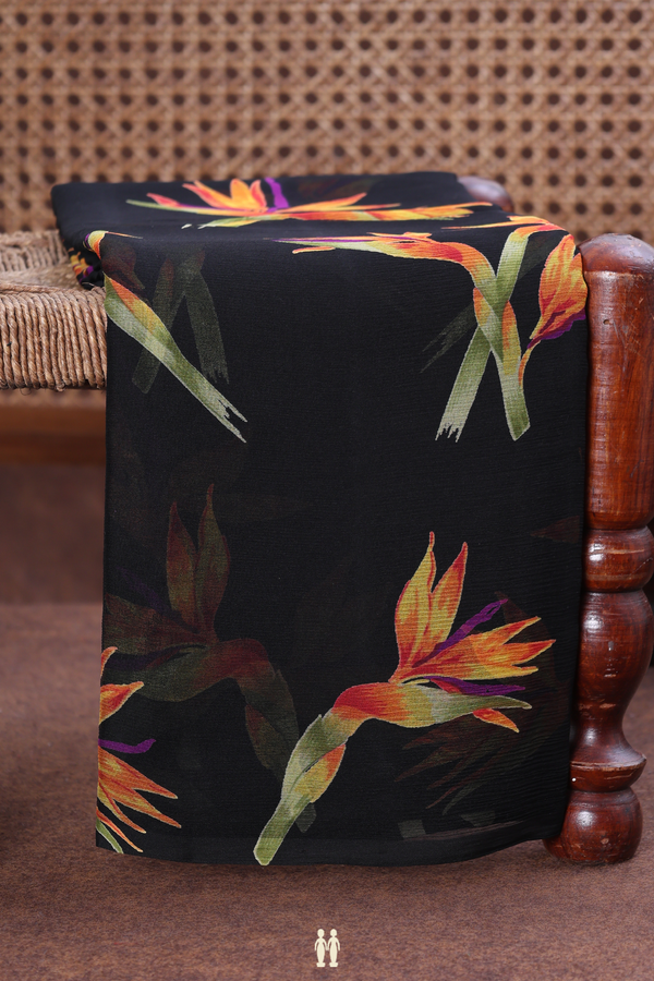 Chiffon Saree In Black With Floral Printed Design