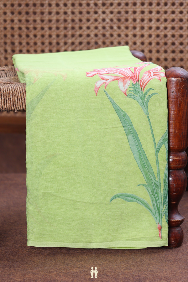 Chiffon Saree In Green With Floral Printed Design