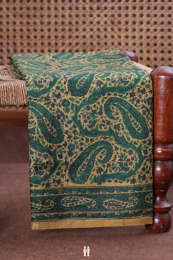Printed Silk Saree In Yellowish Brown With Paisley Design