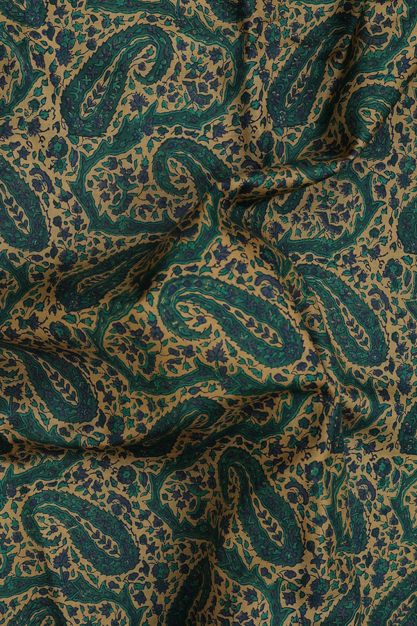 Printed Silk Saree In Yellowish Brown With Paisley Design