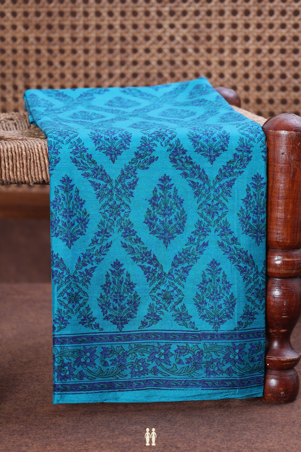 Printed Silk Saree In Cerulean Blue With Ogee Design