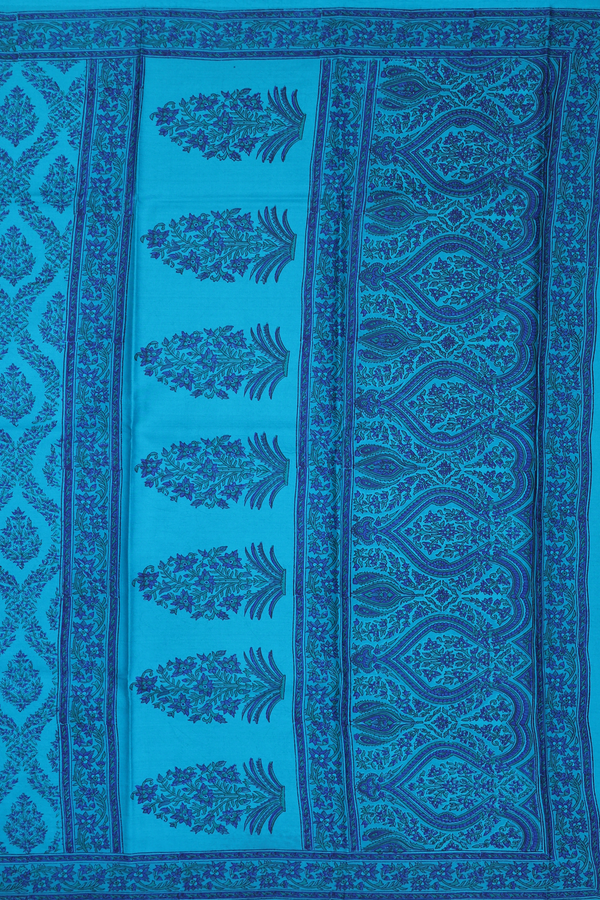 Printed Silk Saree In Cerulean Blue With Ogee Design