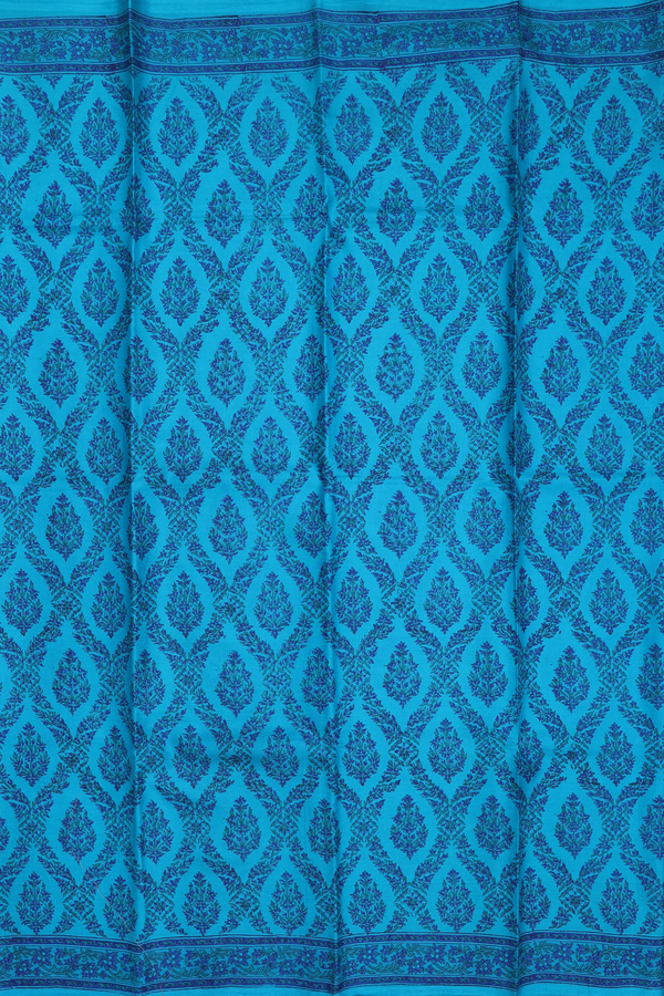 Printed Silk Saree In Cerulean Blue With Ogee Design
