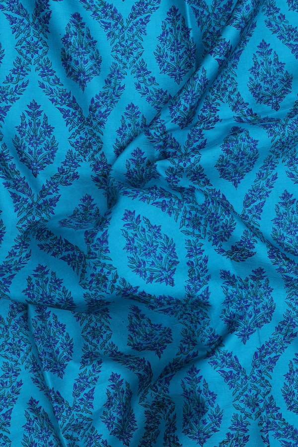 Printed Silk Saree In Cerulean Blue With Ogee Design