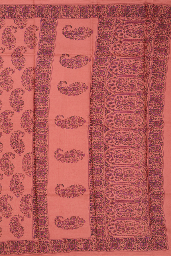 Printed Silk Saree In Pastel Red With Paisley Motifs