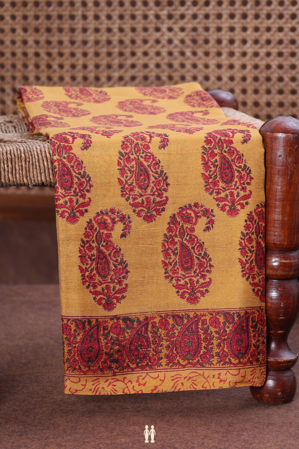 Printed Silk Saree In Golden Yellow With Paisley Design
