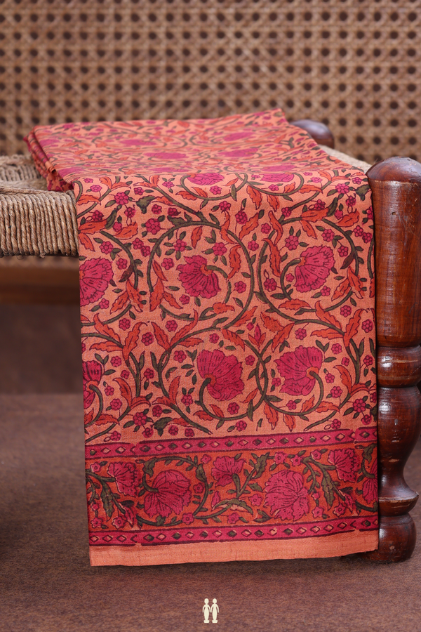 Printed Silk Saree In Orange With Floral Design