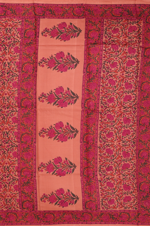 Printed Silk Saree In Orange With Floral Design