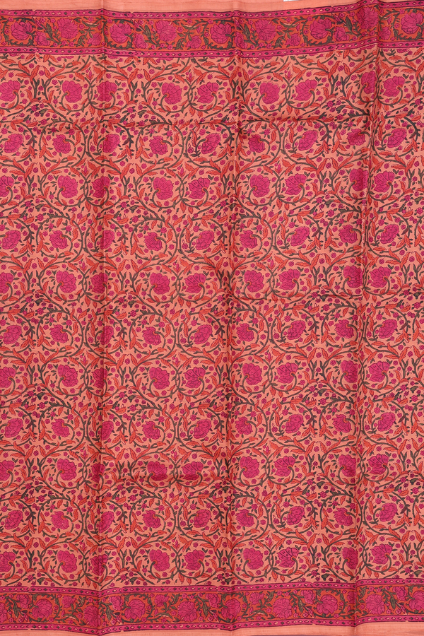 Printed Silk Saree In Orange With Floral Design