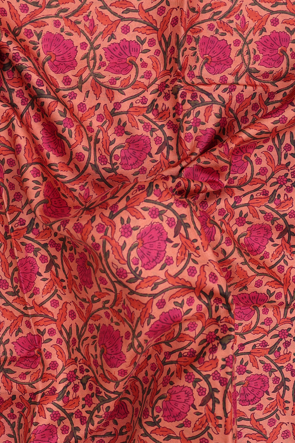 Printed Silk Saree In Orange With Floral Design