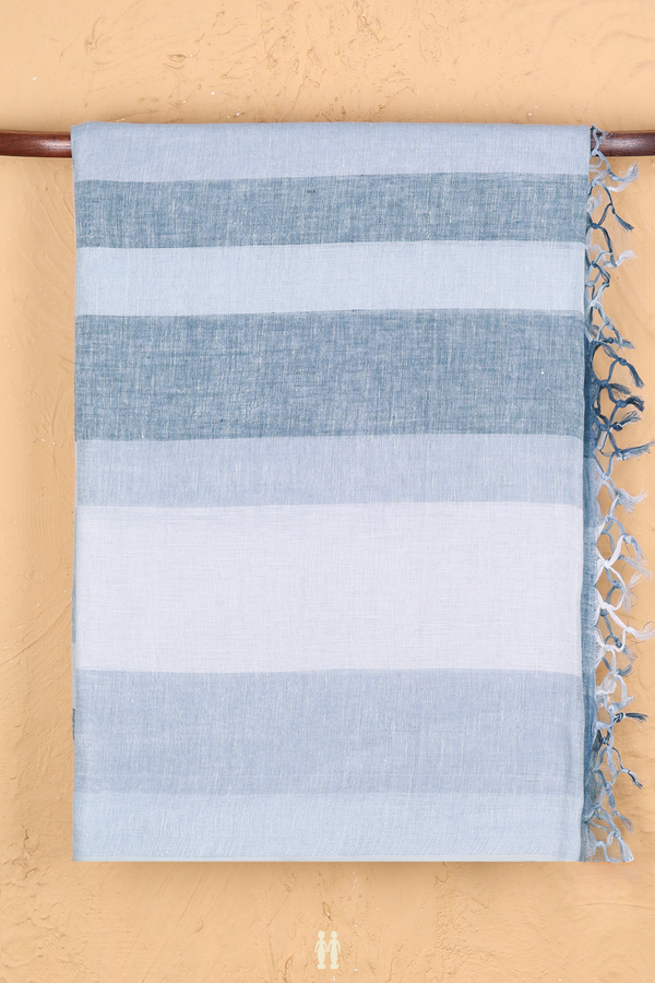 Linen Saree In Blue And Grey With Stripes Design