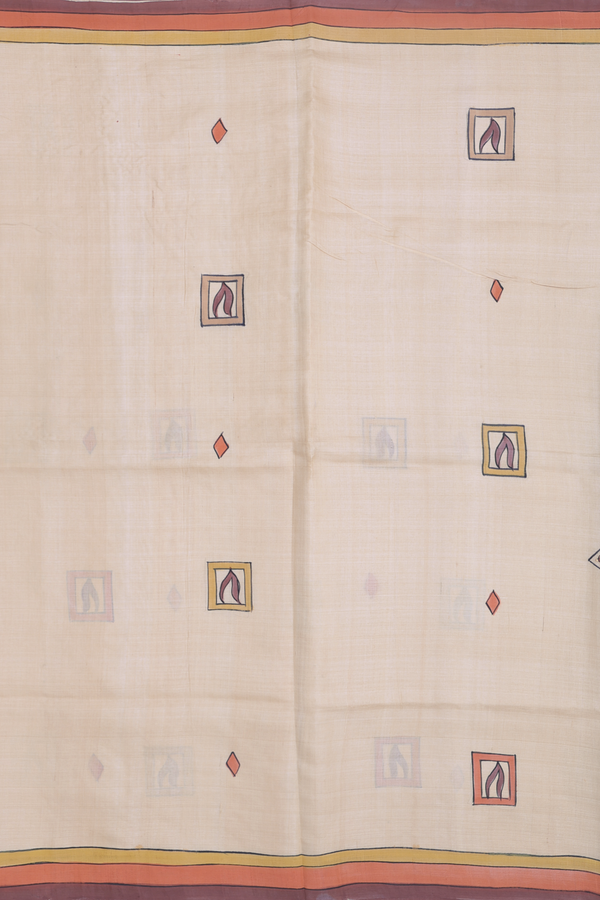 Tussar Silk Saree In Cream Color With Hand Painted Design