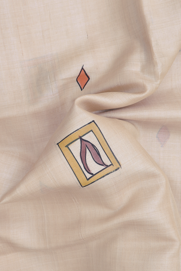 Tussar Silk Saree In Cream Color With Hand Painted Design
