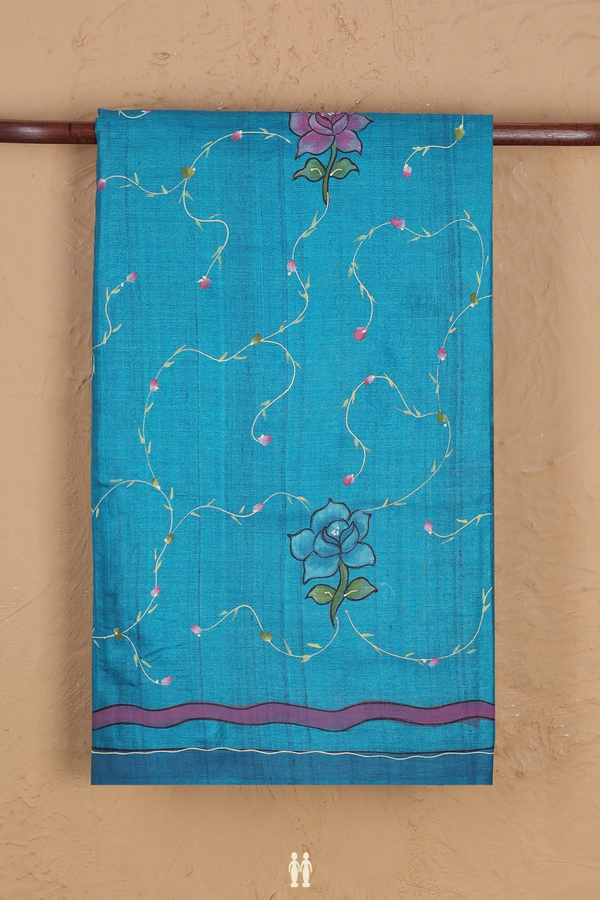Tussar Silk Saree In Cerulean Blue With Floral Hand Painted