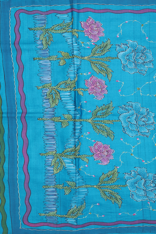 Tussar Silk Saree In Cerulean Blue With Floral Hand Painted