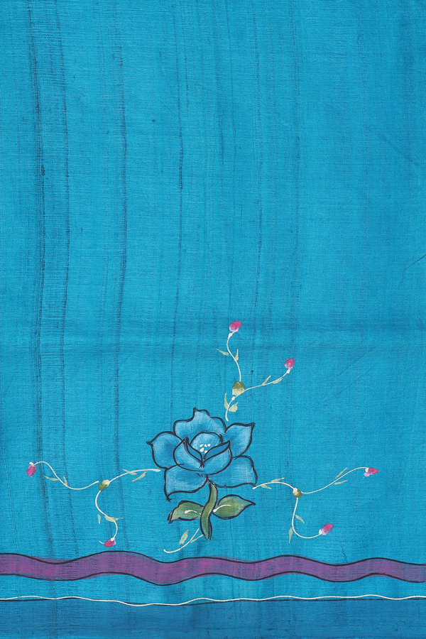 Tussar Silk Saree In Cerulean Blue With Floral Hand Painted