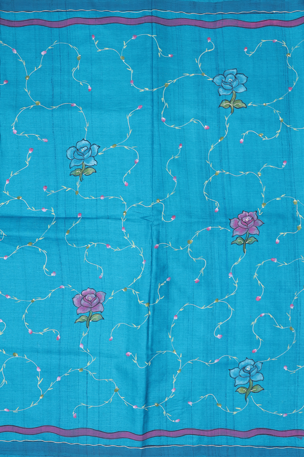 Tussar Silk Saree In Cerulean Blue With Floral Hand Painted