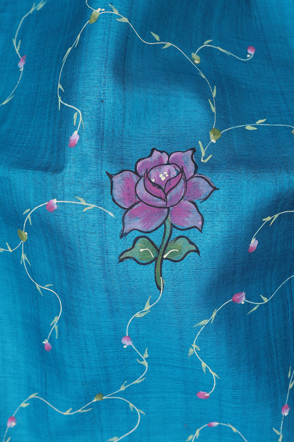 Tussar Silk Saree In Cerulean Blue With Floral Hand Painted