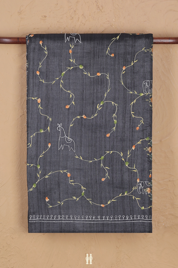 Tussar Silk Saree In Charcoal Grey With Embroidered Design