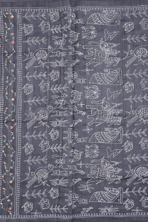 Tussar Silk Saree In Charcoal Grey With Embroidered Design