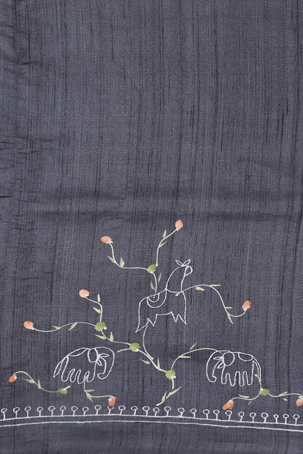 Tussar Silk Saree In Charcoal Grey With Embroidered Design