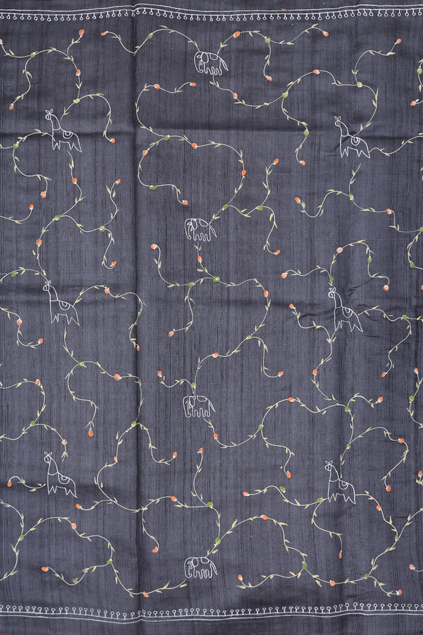 Tussar Silk Saree In Charcoal Grey With Embroidered Design