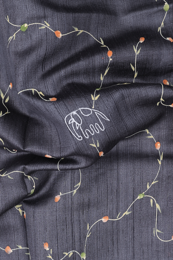 Tussar Silk Saree In Charcoal Grey With Embroidered Design