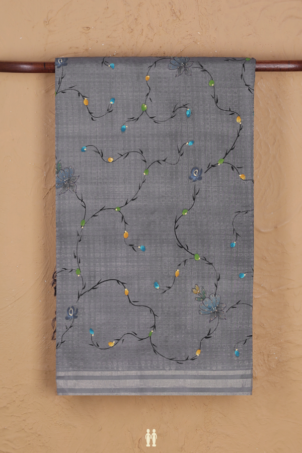Tussar Silk Saree In Grey With Embroidered Design