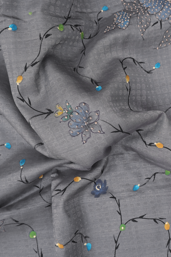 Tussar Silk Saree In Grey With Embroidered Design