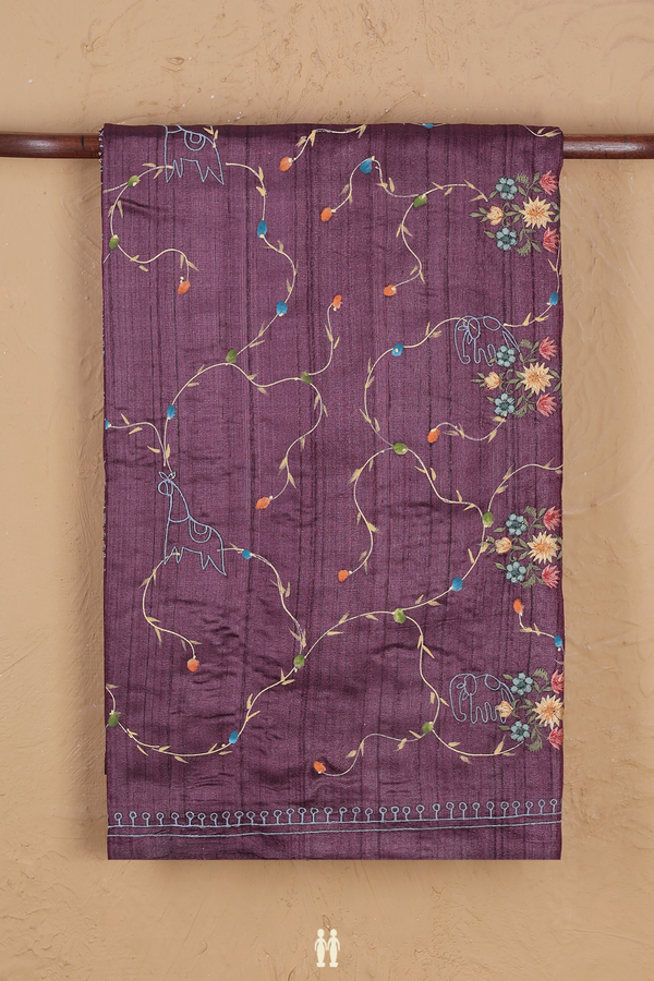 Tussar Silk Saree In Purple With Hand Painted Design