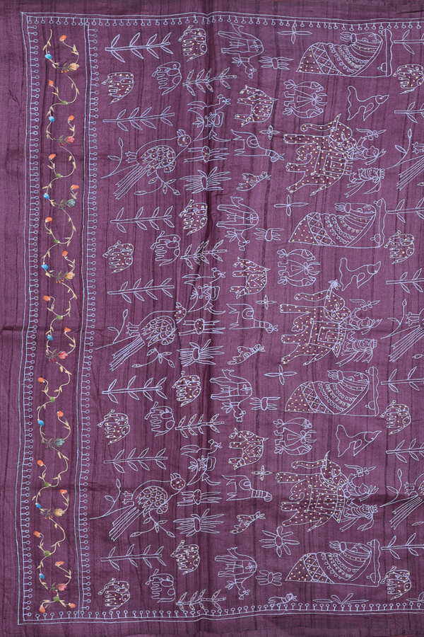 Tussar Silk Saree In Purple With Hand Painted Design