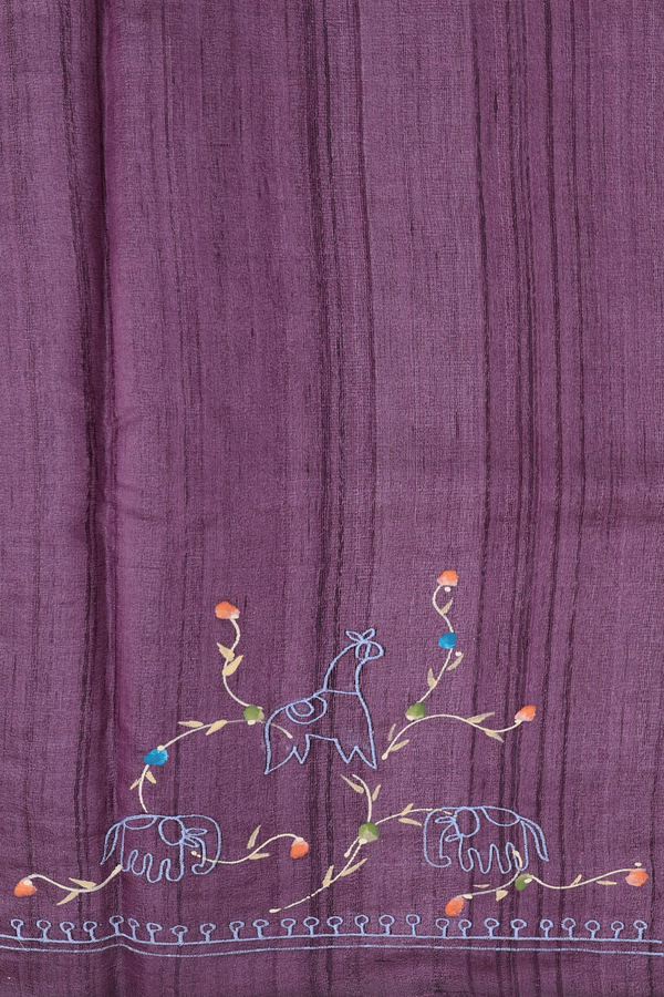 Tussar Silk Saree In Purple With Hand Painted Design