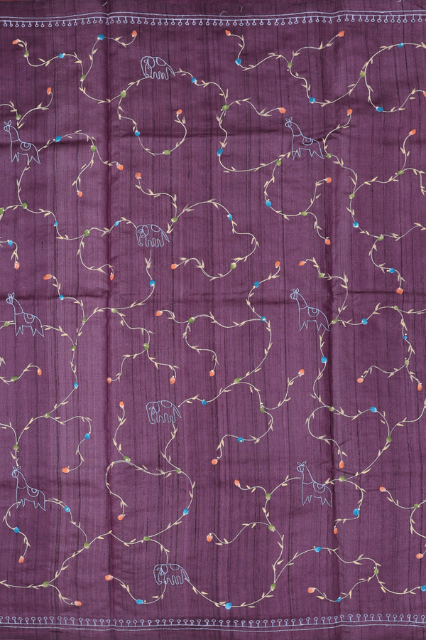 Tussar Silk Saree In Purple With Hand Painted Design