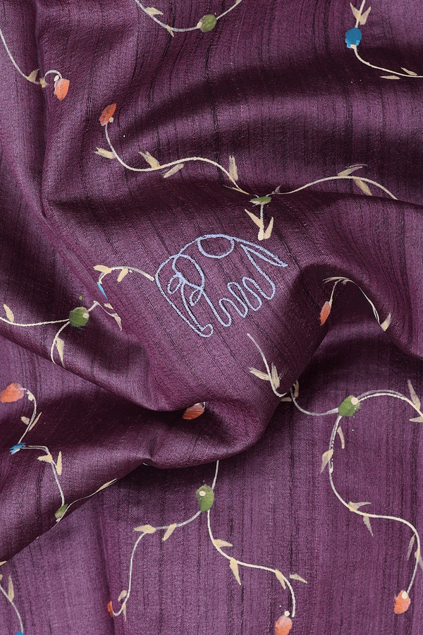 Tussar Silk Saree In Purple With Hand Painted Design