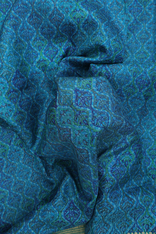Printed Silk Saree In Green And Blue With Printed Design