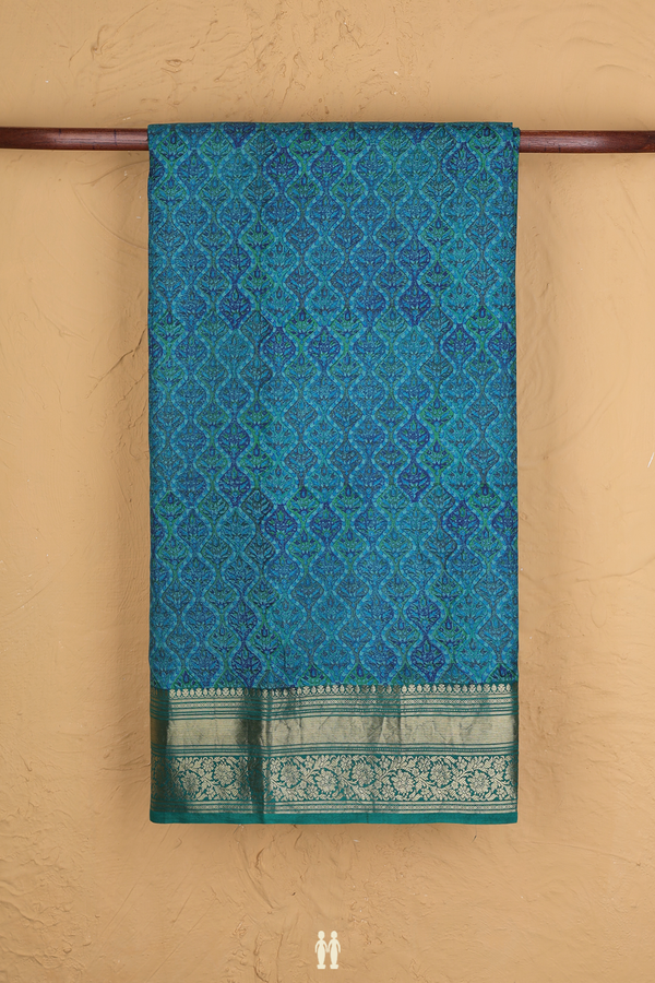 Printed Silk Saree In Green And Blue With Printed Design