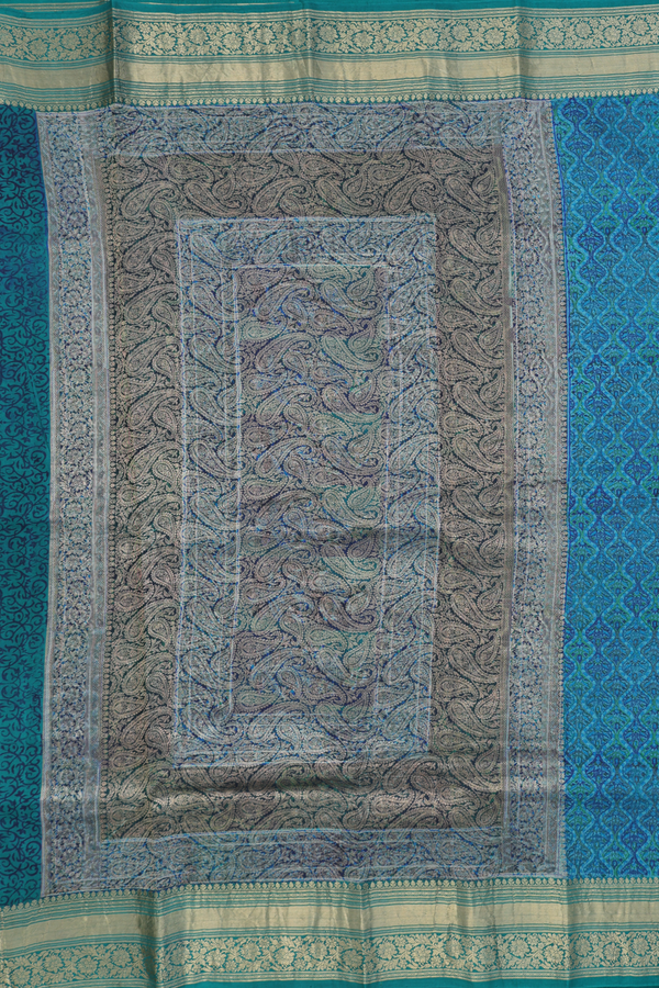 Printed Silk Saree In Green And Blue With Printed Design