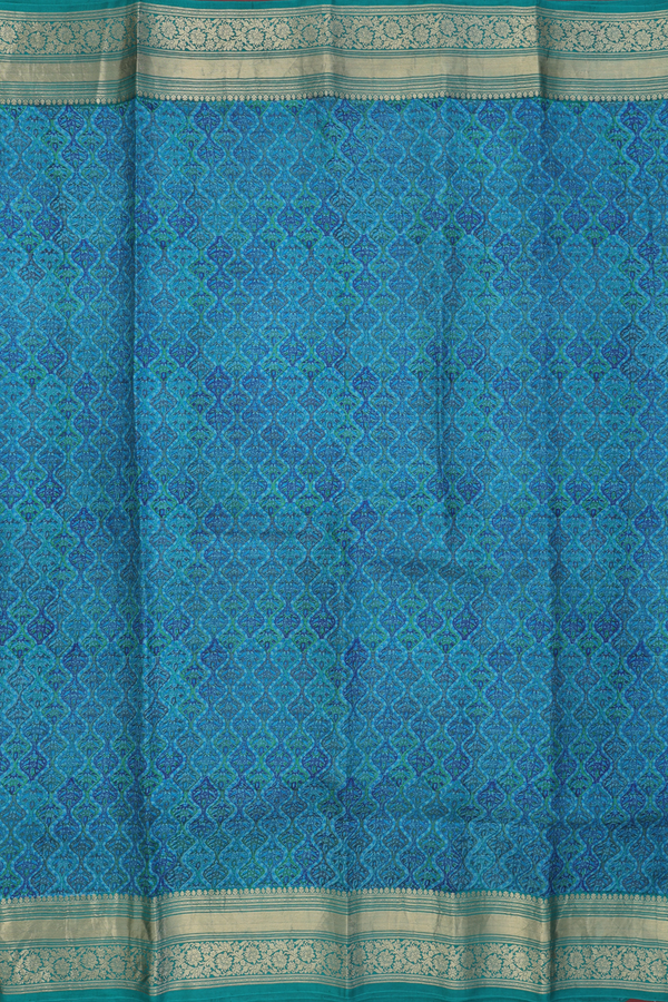 Printed Silk Saree In Green And Blue With Printed Design