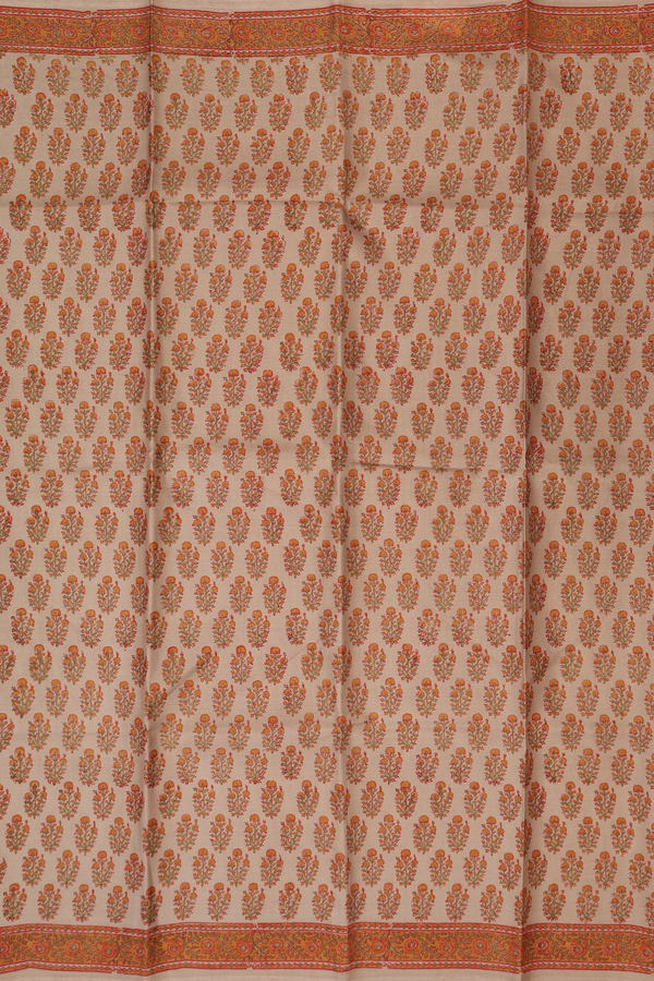 Printed Silk Saree In Pastel Khaki With Floral Design