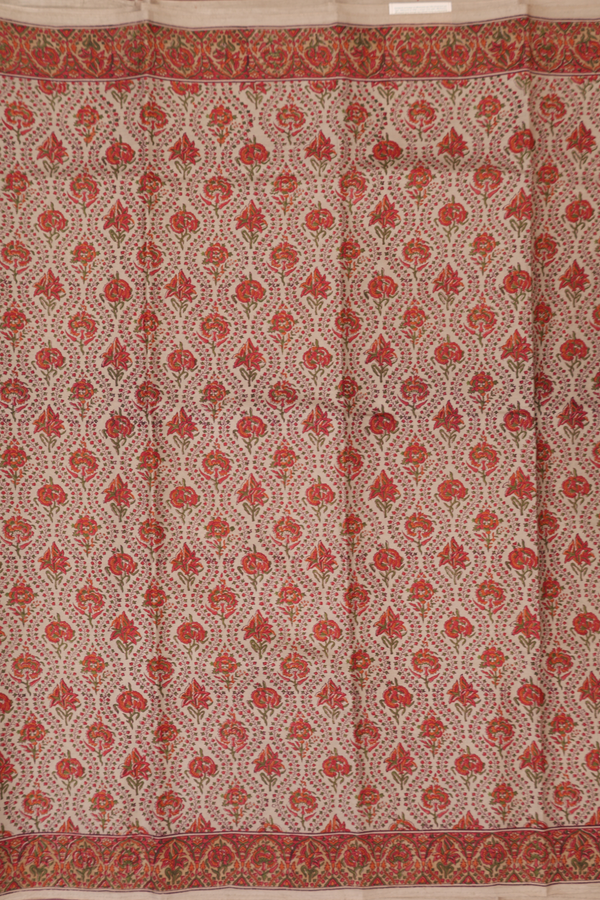 Printed Silk Saree In Beige With Floral Design