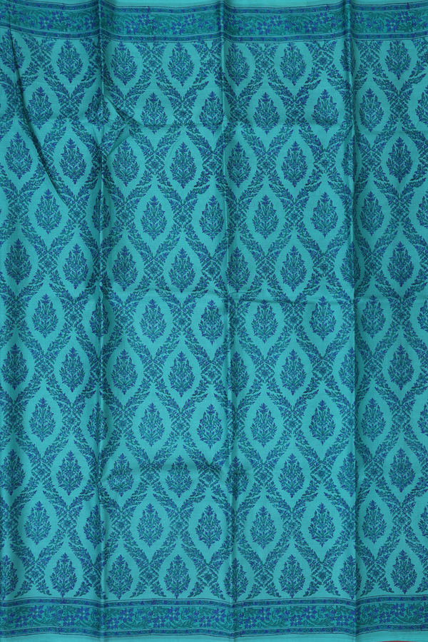 Printed Silk Saree In Turkish Blue With Floral Design