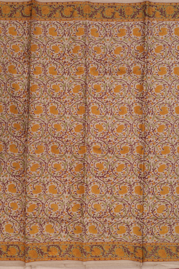 Printed Silk Saree In Khaki With Floral Design