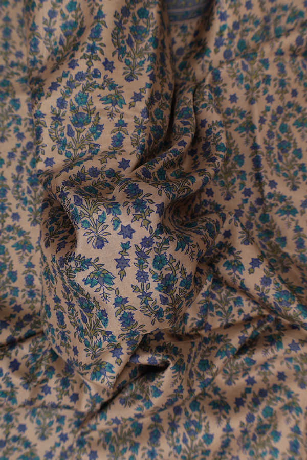 Printed Silk Saree In Khaki With Floral Design