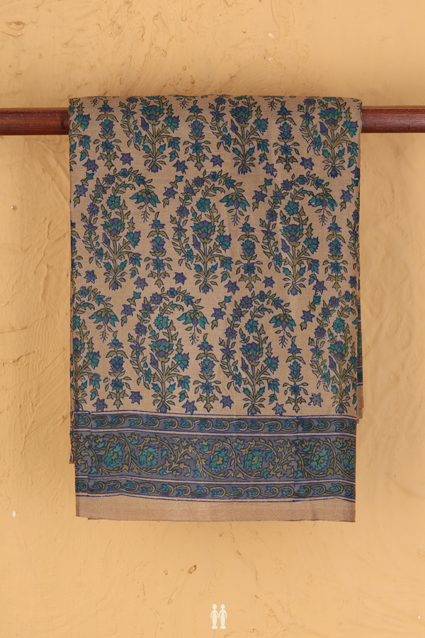 Printed Silk Saree In Khaki With Floral Design