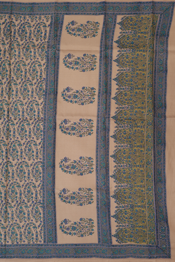 Printed Silk Saree In Khaki With Floral Design