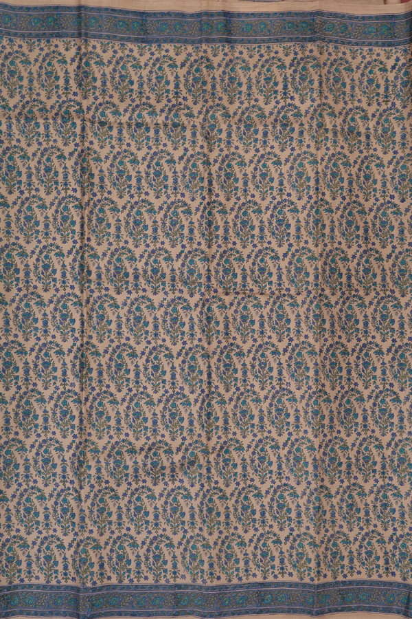 Printed Silk Saree In Khaki With Floral Design