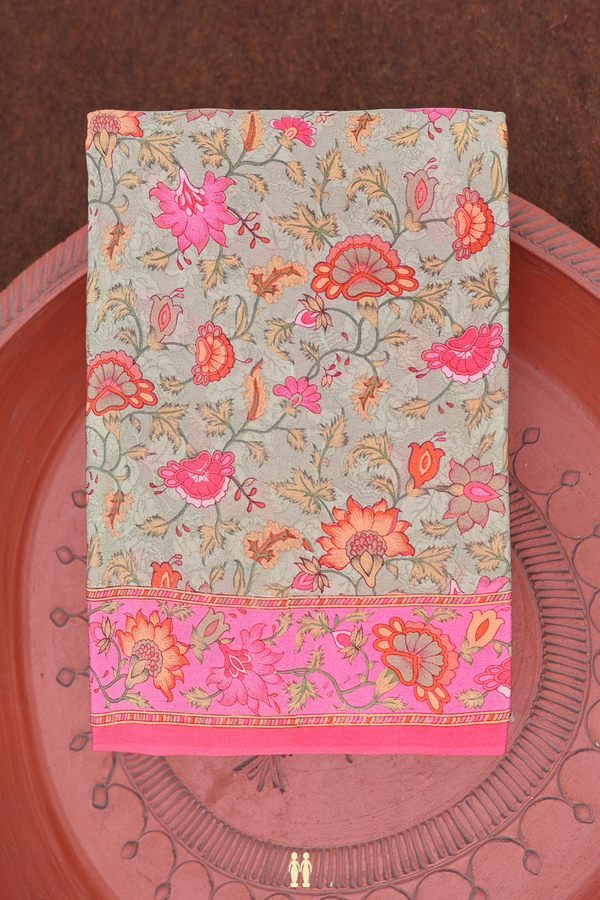 Crepe Saree In Light Sage Green With Floral Printed Design